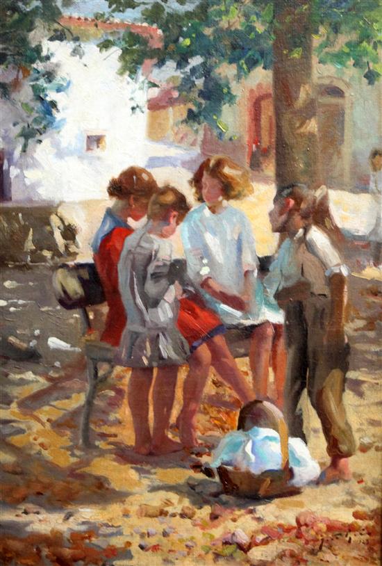 Spanish School Children in a town square 22 x 15in.